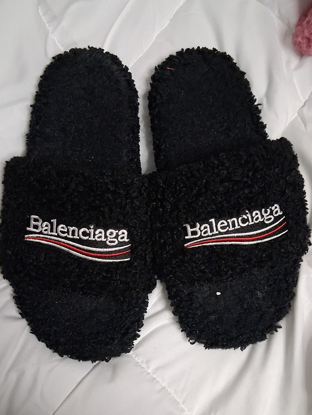 Balenciaga Black Faux Shearling Logo Slides with Red & White Accent
